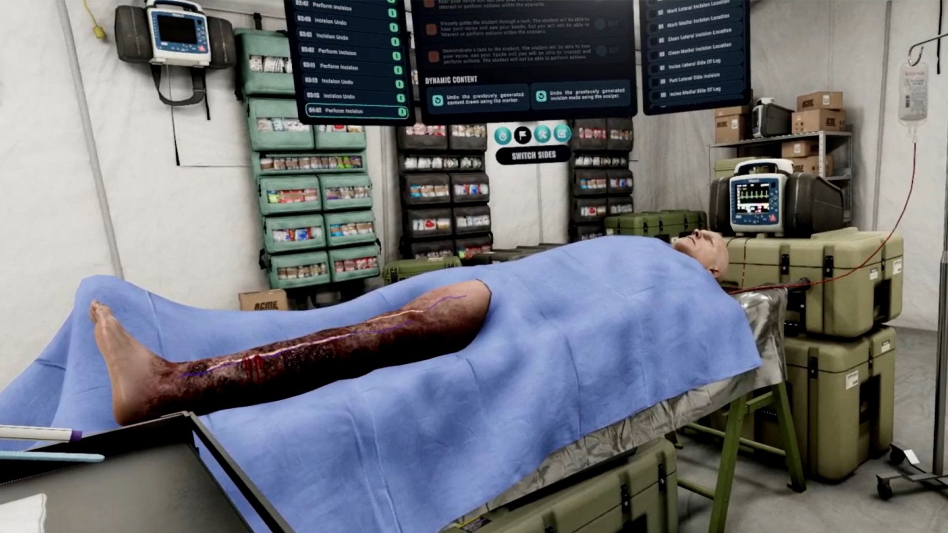 View of simulated patient within an advanced haptics burn care simulation. 